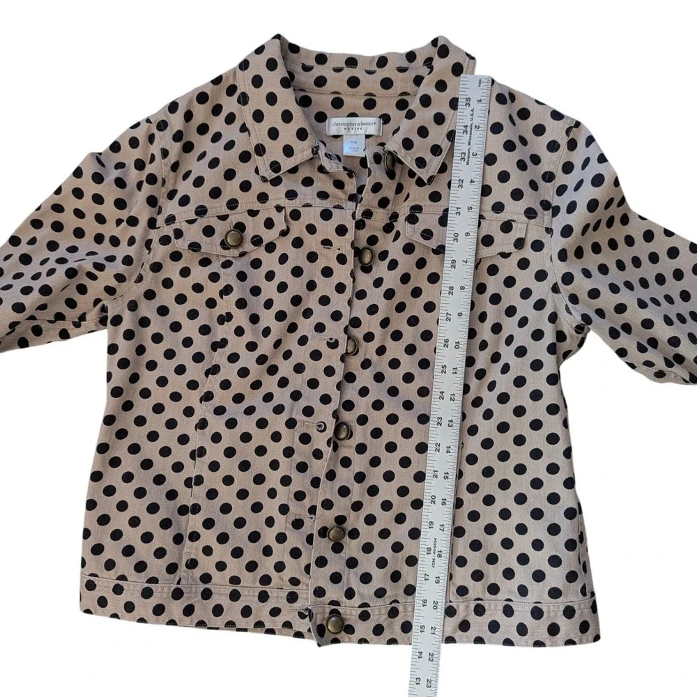 Christopher & Banks Petite Polka‎ Dot Denim Jacket Tan Black Button Front PM